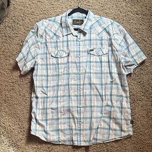 Howler Brothers Light Blue and Orange Plaid Shirt